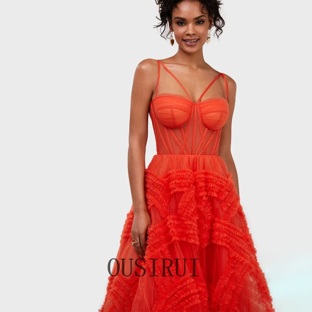 OUSIRUI Exquisite Spaghetti Strap Evening Gowns Tulles Floor Length Orange Sexy Backless Communication Dresses вечернее платье