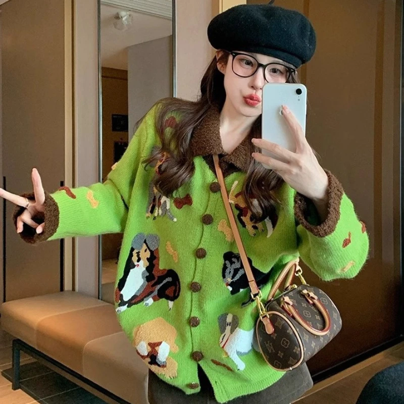 

Женский свитер-поло с узором «Собака», вязаный, с длинным рукавом, на пуговицах, свободный крой, повседневный, осень-зима 2026