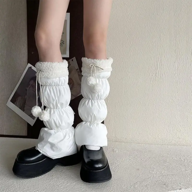 

Y3NE Women's Lamb Fleece Trim Padded Puffer Leg Warmers Covers with Plush Balls Bows