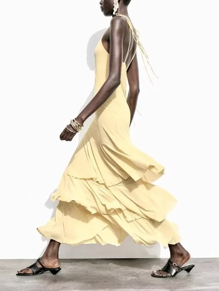 Vestido Midi F E com Decote em V, Novo Estilo com Decoração em Camadas, Coleção Primavera Verão 2025, Cintura A...