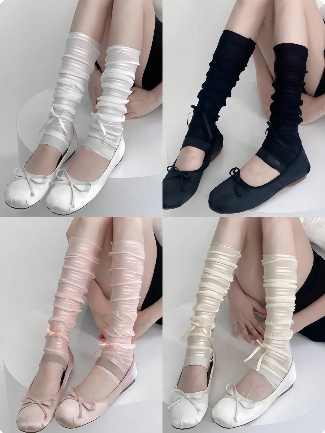 

Носки-грелки для ног в балетном стиле из ледяного шелка с рюшами и бантом, эластичные, средней длины, для весенне-летнего Y2K-стиля