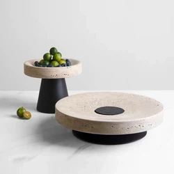 Beige Travertine Tray with Metal Base Vintage Natural Marble Serving Tray Round Cake Stand Fruit Bowl Home Decor