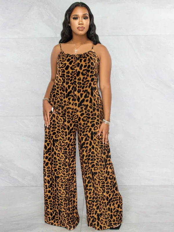 

Casual Leopard Print Jumpsuit Strapl High Waist Straight Leg Long Pants Street Sle Polyester Fiber Summer Collection