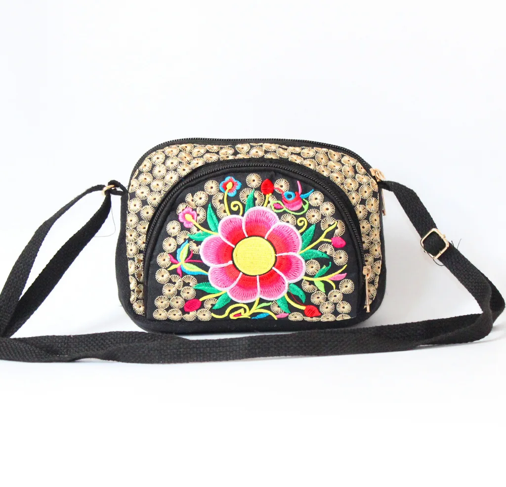 Women Retro Style Embroidered Bag Ladies Flower Shoulder Bag Waist Bag Coin Purse Messenger Bag