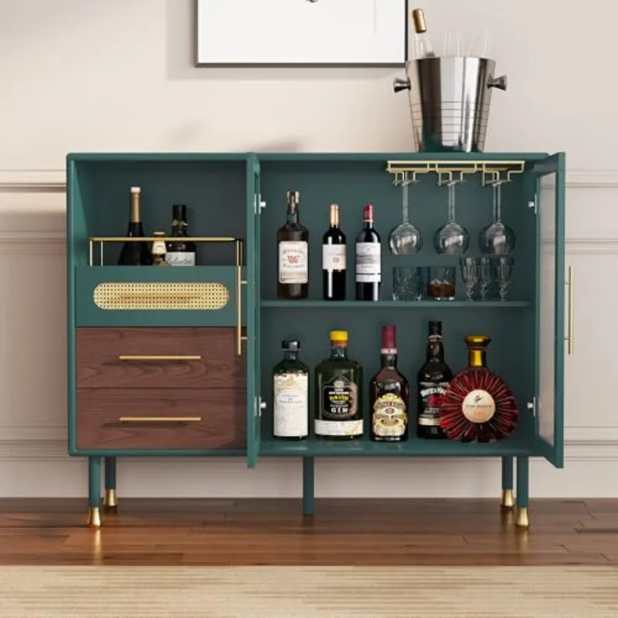 

48" Coffee Bar Cabinet with Wine Racks and Drawers Modern Buffet Sideboard with Pull-Out Wine Storage Liquor Bar Cart for Kitch
