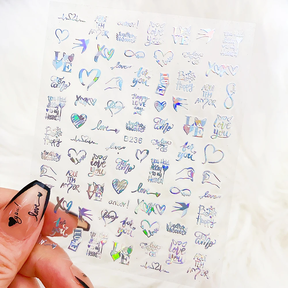 1 szt. Naklejki na paznokcie 3D Laserowe Serce/List Złote/Srebrne Romantyczne Serce Samoprzylepne Slidery Walentynki Y2K Naklejki do Manicure