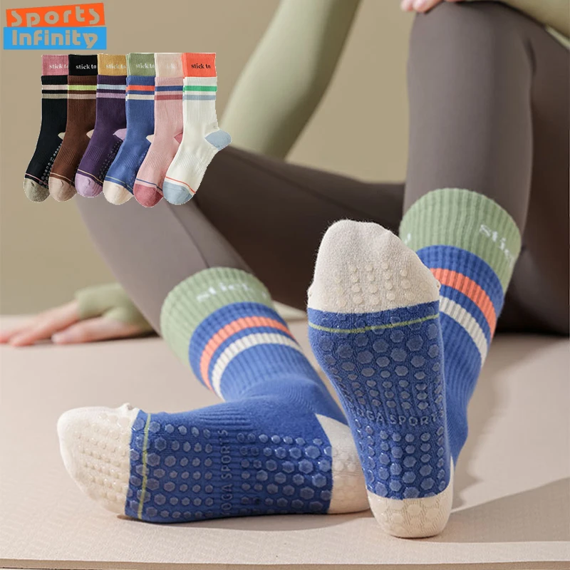 

Хлопковые носки для йоги средней длины, противоскользящие женские профессиональные носки для пилатеса, спортивные носки для тренажерного зала, танцев, фитнеса, тренировок с ручкой