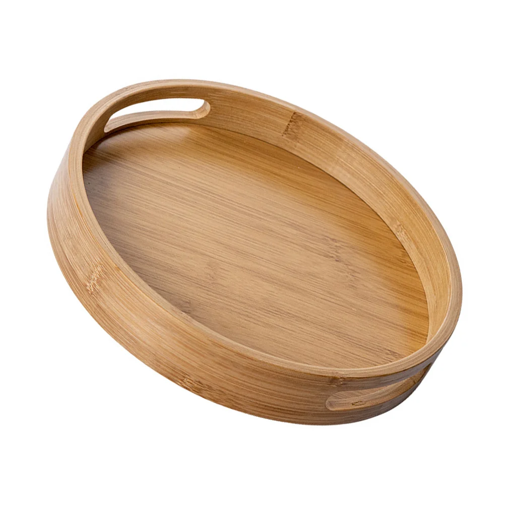 Round Serving Platter Binaural Portable Tray Bread Pan Insulated Desktop for Bathtub Khaki Bamboo