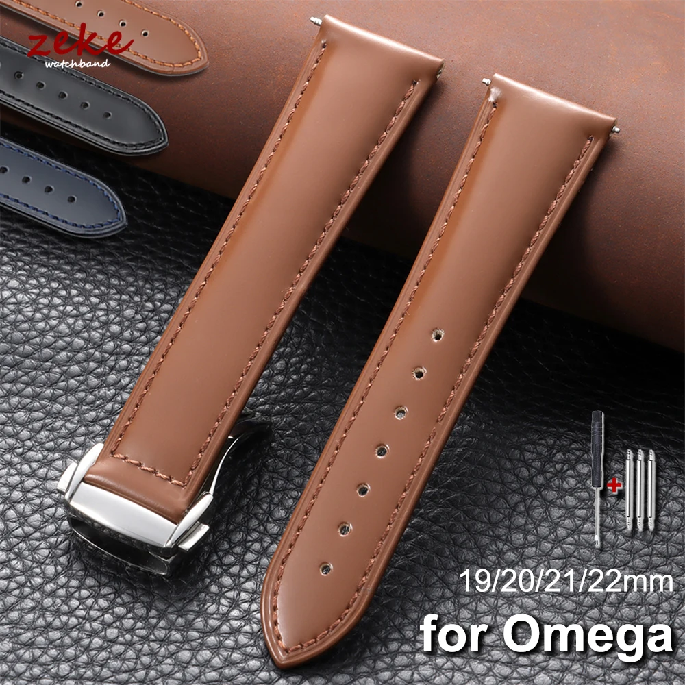 19 mm, 20 mm, 21 mm, 22 mm polierte Rindslederarmbänder für Omega Seamaster Speedmaster, wasserdichtes Uhrenarmband aus braunem Leder mit Faltschließe