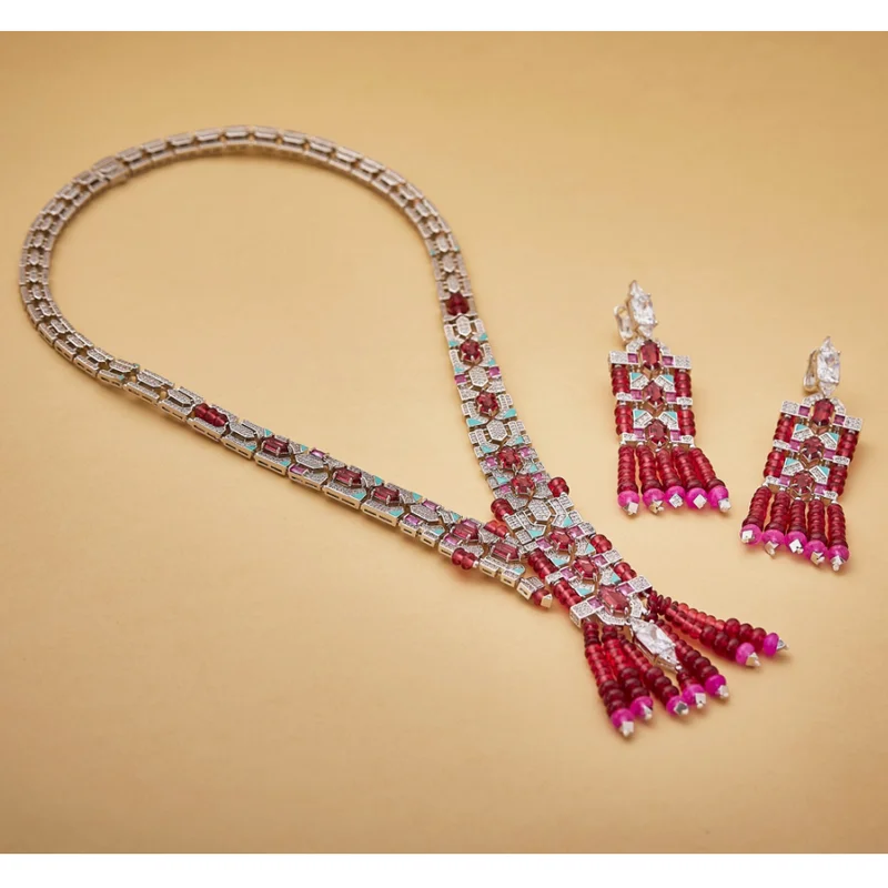 

Designer Collection Dinner Party Earrings Necklace Inlay Cubic Zircon Red Green Beads Tassels Pendant Wide Chain Jewelry Sets