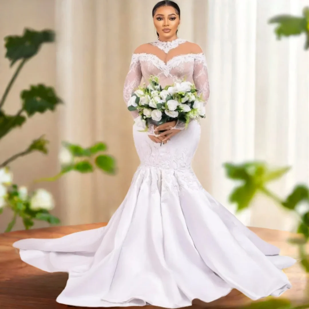 Personalizado alta pescoço rendas apliques vestido de casamento vestidos de novia ilusão mangas compridas simples plus size vestido de noiva