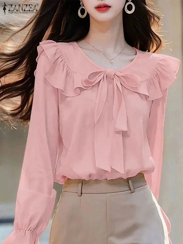 ZANZEA Long Sleeve Peter Pan Collar Blouses Korean Style Women Elegant Tie Up Blusas Mujer Long Sleeve Solid Sweet Smock Tops