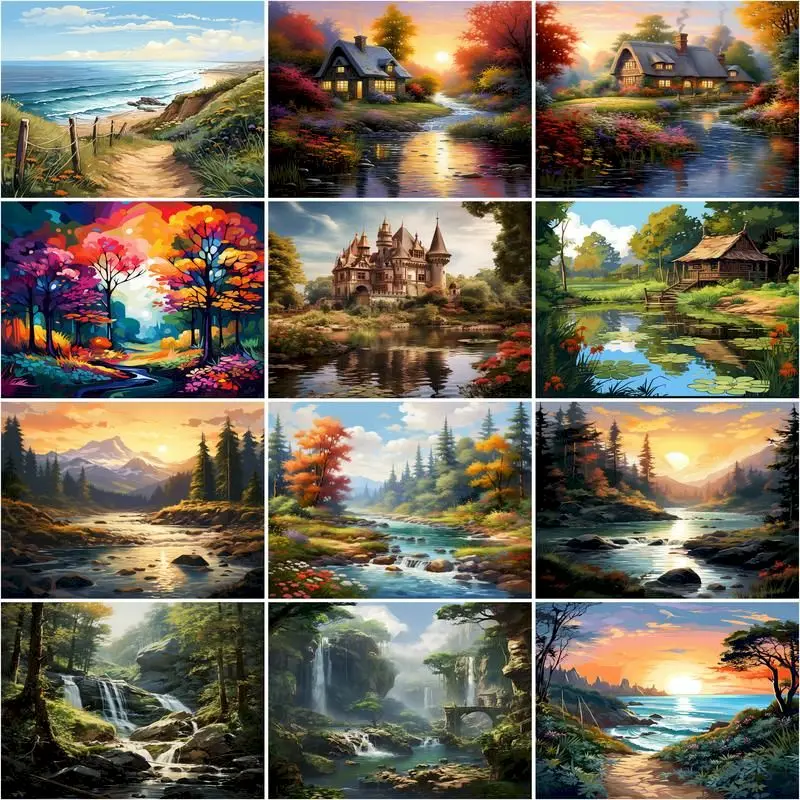 

CHENISTORY Oil Painting By Number Tree Scenery Drawing On Canvas HandPainted Art Gift DIY Picture By Number River Kits Home Deco