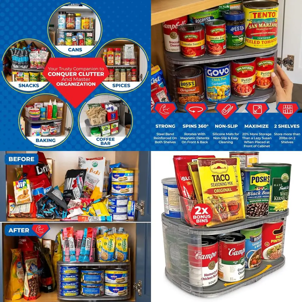 

Dual-Level Steel Canned Goods Organizer: 360° Rotating Cabinet Storage with 2 Extra Bins, Supports 30 lbs