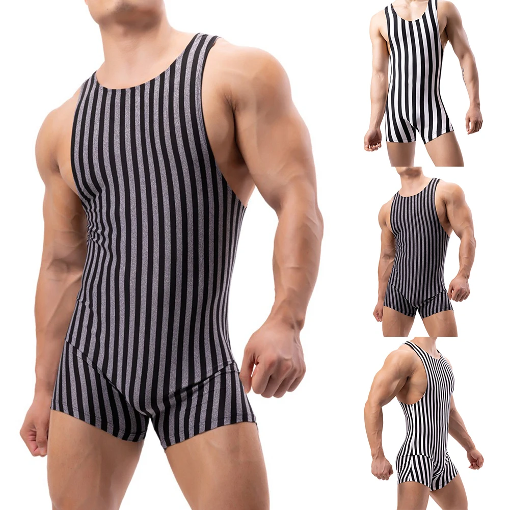 Bodysuit listrado dos homens boxers roupa interior sem mangas fitness singlet deslizamento macacões sexy masculino undershirt respirável bateria terno