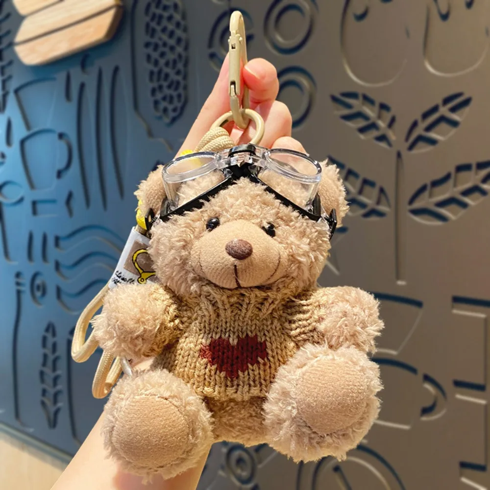 Kawaii Goggles Pilot Bear Keychain Pearl Bell Plush Bear Key Ring Hanging Rope Doll Clothing Stuffed Animal Pendant Bag