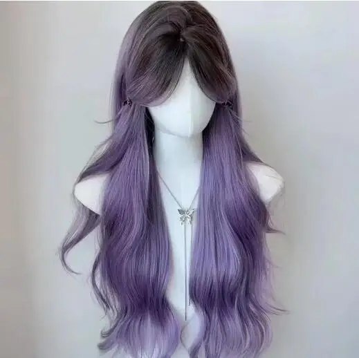 Synthetic Ombre Purple Long Wavy Women Wig Middle Part Fluffy Lolita Cosplay Heat Resistant Wig for Daily Party