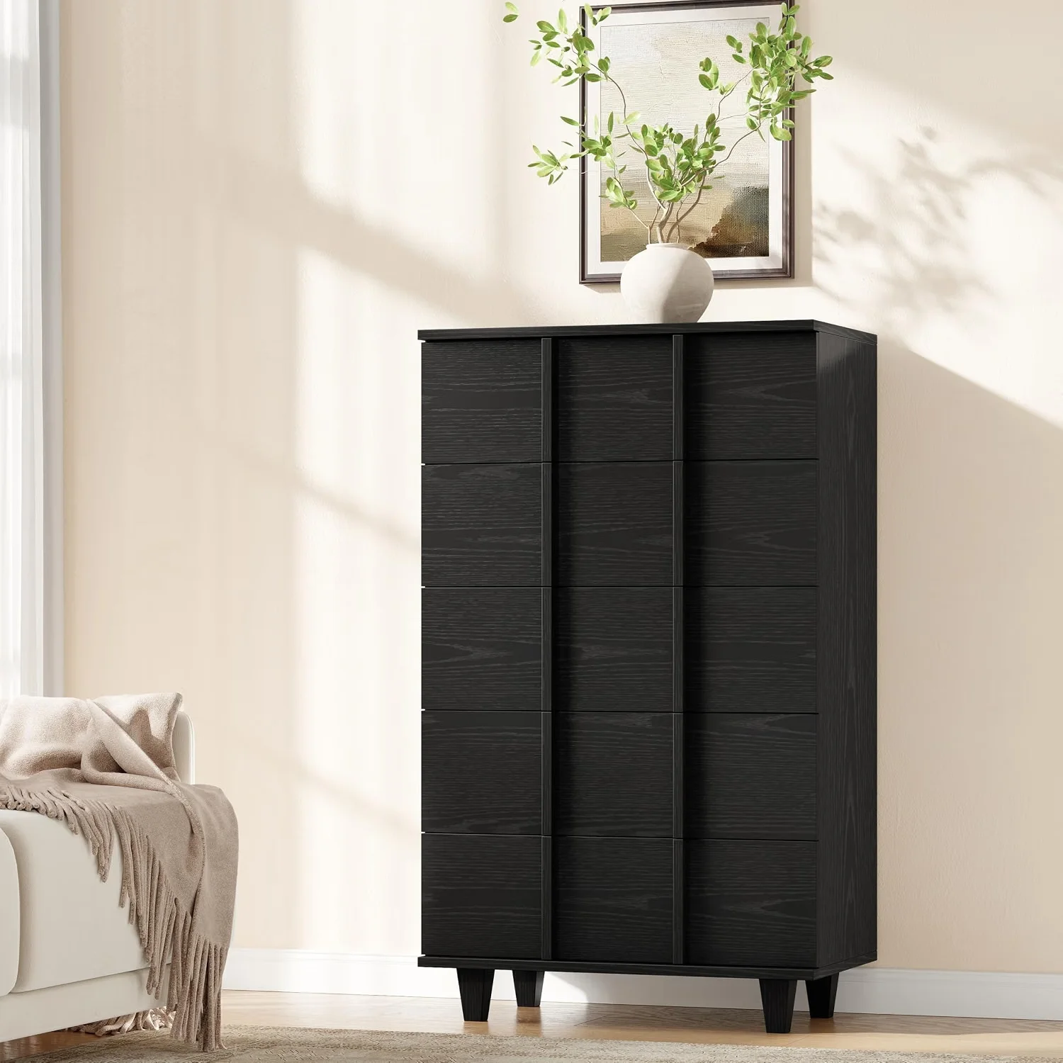Modern 5-Drawer Tall Dresser Chest, Black Wood Grain | Skeletal Line Fluted Front - Space-Saving Bedroom Clothes Storage Cabinet for Small Spaces