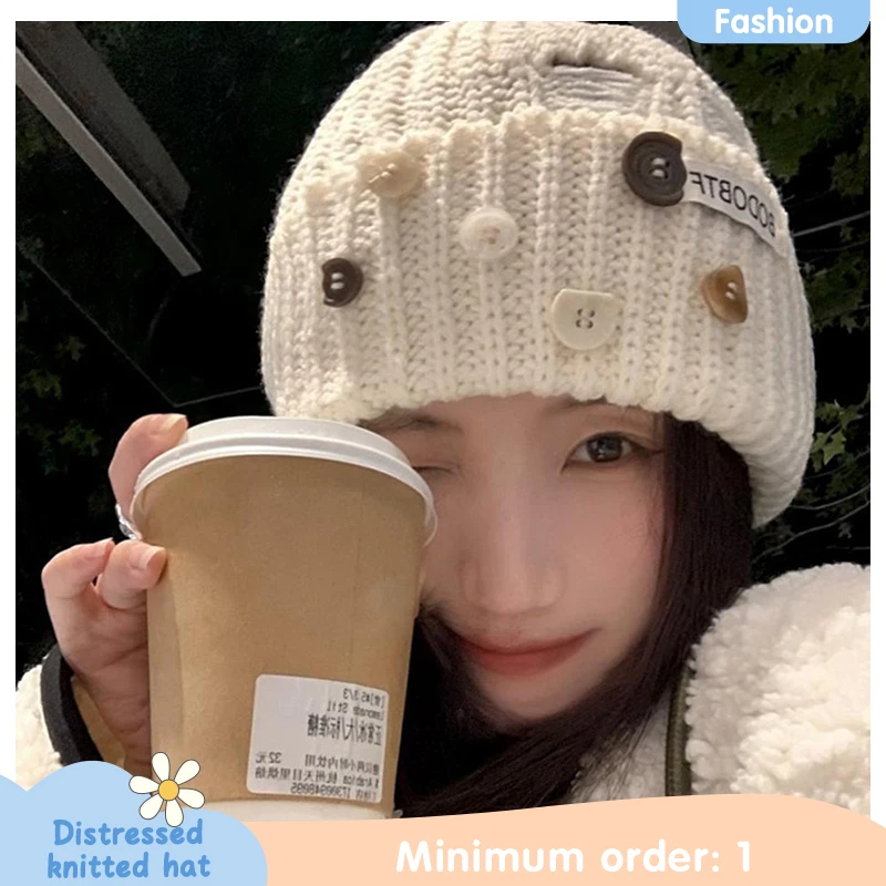 Autumn and Winter New Ripped Button Old Knitted Hat for Women Daily Wear Commuting Ear Protection Retro Baotou Cold Hat for Men