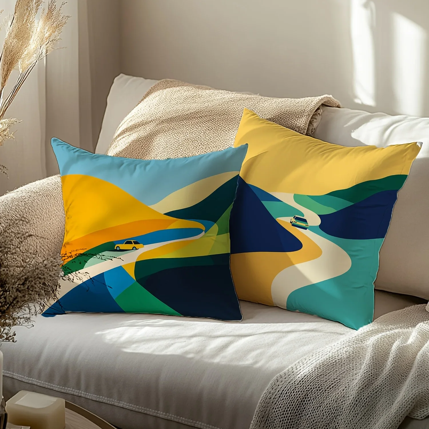 Set of 4 Throw Pillow Covers with Abstract Landscape Road Trip Design for Living Room Decor
