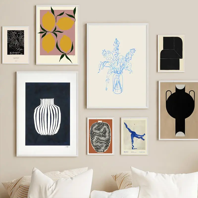 Abstrakte Linie Zitrone Blume Vase Geometrie Nordic Poster Wand Kunstdrucke Leinwand Malerei Wand Bilder Für Wohnzimmer Dekor