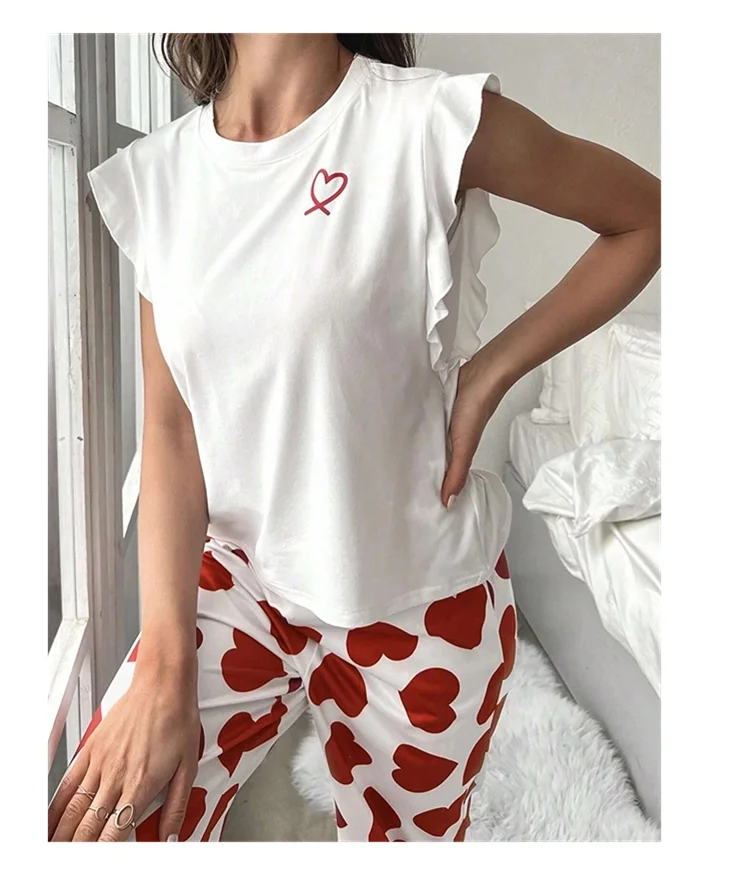 Herz & Brief gedruckt Damen Pyjama Pj Set weiche Kurzarm Tops & elastische Taille Hosen Pyjama Pijama Femme Casual Home Kleidung – Detail 7