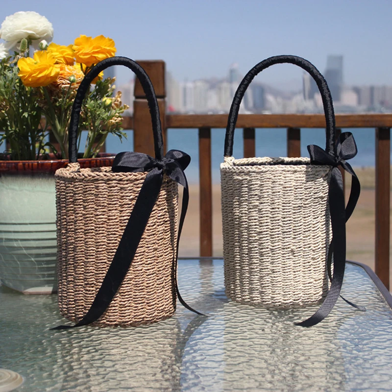 Hand-made Bucket Straw Bag Top Handle Handbags Luxury Designer Woven Shoulder Bag Raffia Summer Vacation Casual Bags for Woman