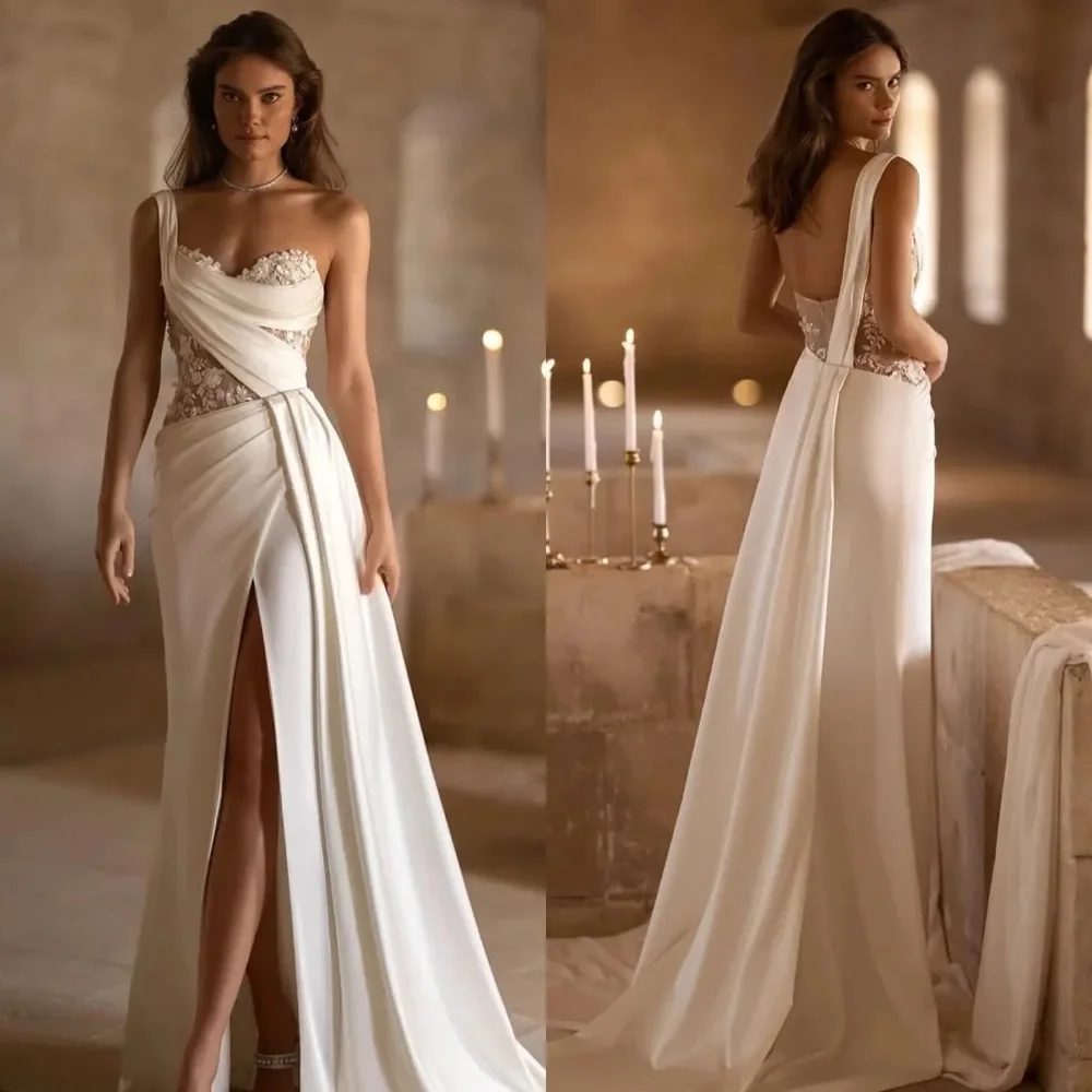 

Customized One Shoulder Sleeveless A-line Backless High Slit Wedding Dresses Sweetheart Neck Perspective vestidos de novia