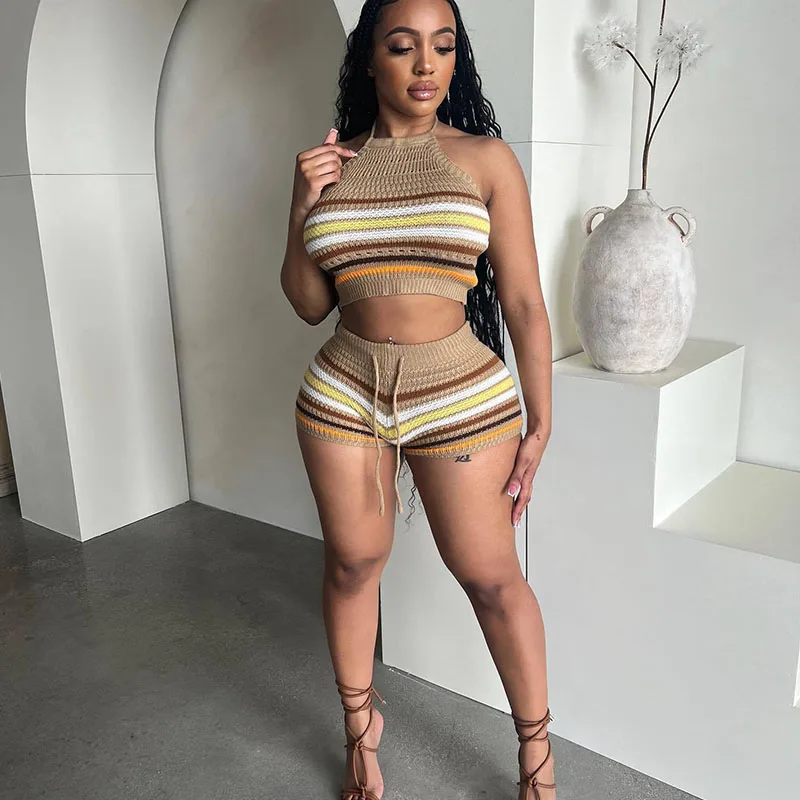 Knitted Striped Two Piece Set Women Outfit 2024 Summer Halter Backless Sleeveless Crop Top and Shorts Sporty Casual Tracksuit