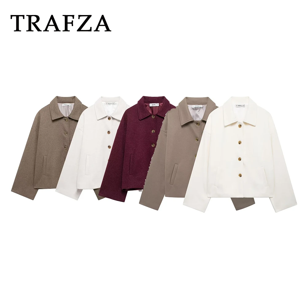 

TRAFZA Chic Fashion 2025 Autumn Vintage Woman Coats Pocket Single Breasted Coat Straight Casual Elegant Solid Female Outwear