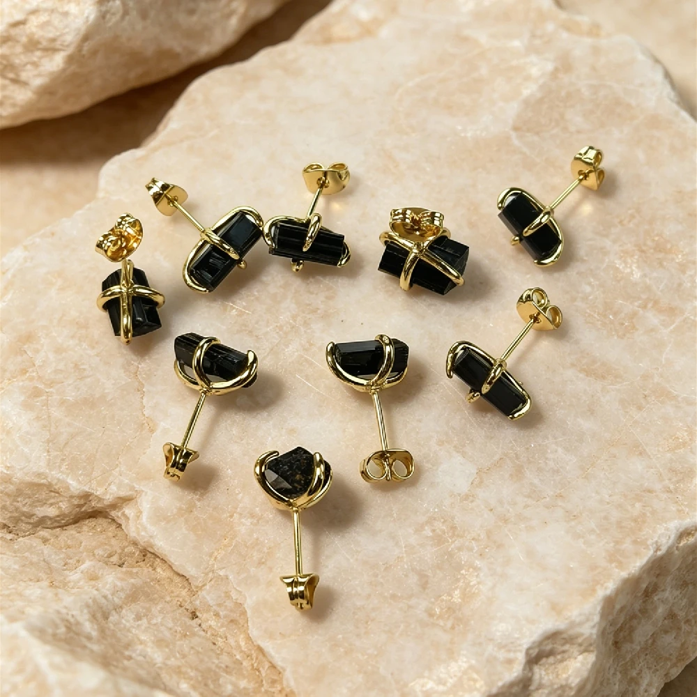 Sleek Modern Black Long Bar Stud Earrings Golden Plated Wrapped Bezel Natural Semi Precious Stone Two Tone for Work Wear E2R487