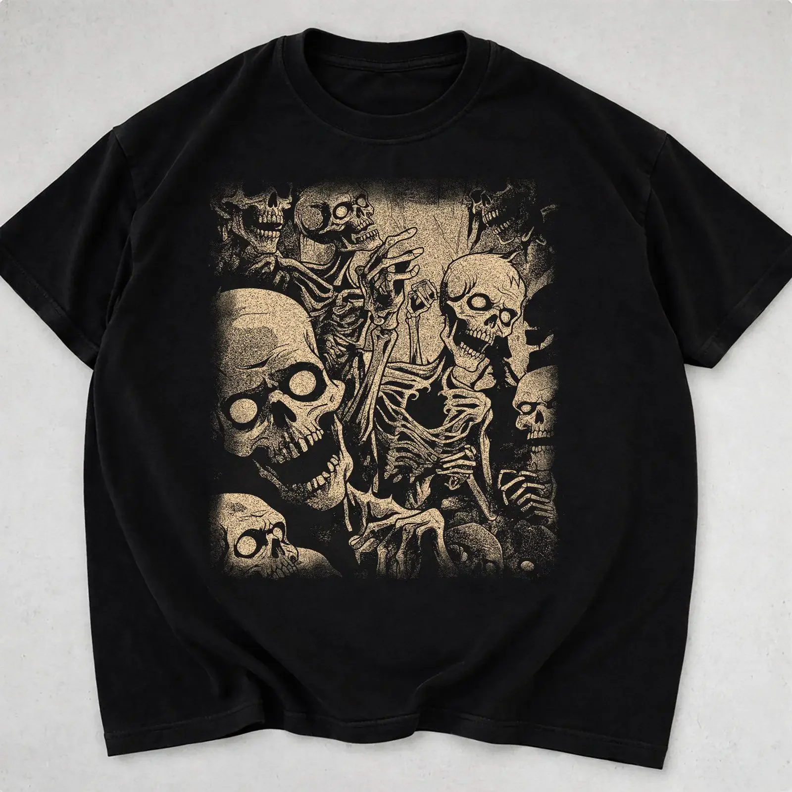 Gothic Skull Pile T Shirt Distressed Skeleton Top Dark Academia Apparel vintage Washed streetwear Stretched homme Breathable