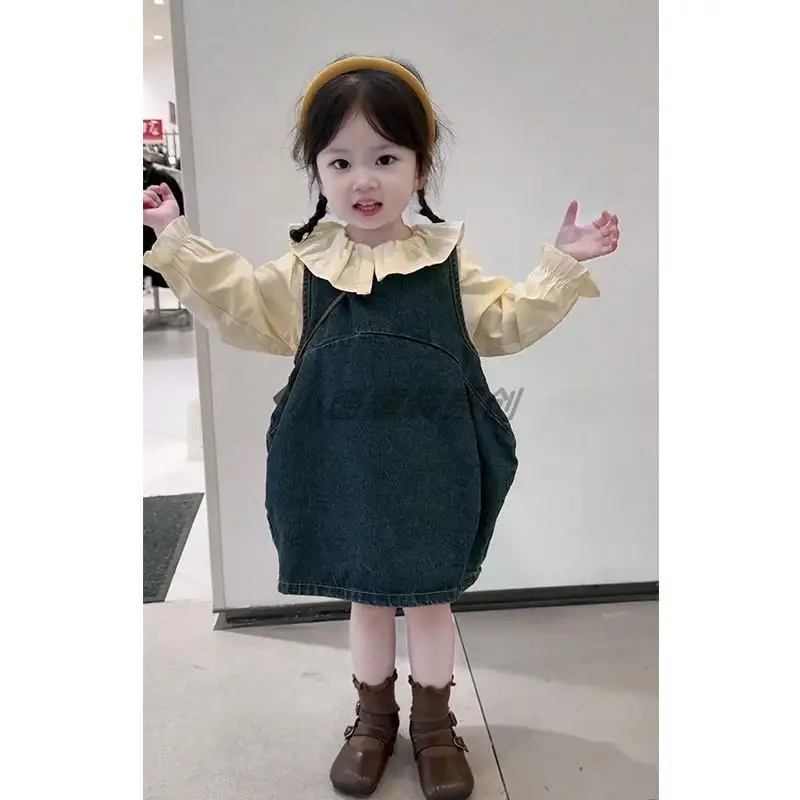 

Girls Dress Set Spring and Autumn 2025 New Children's Baby Foreign Denim Strap Skirt Top Two-piece Set