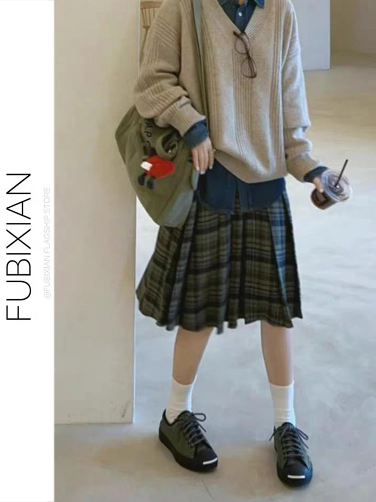 

High Waist Plaid Pleated Skirt Women's Autumn Winter New Korean Sle Casual Versatile A-Line Midi Skirt