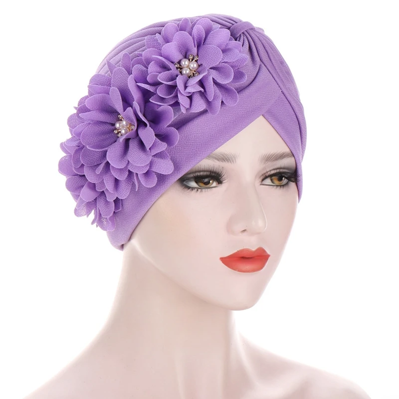 Stretch Turbans with Pearl Flowers Head Beanie Cover Twisted Pleated Headwrap Assorted Colors Hair Cover Beanie Hats for Women