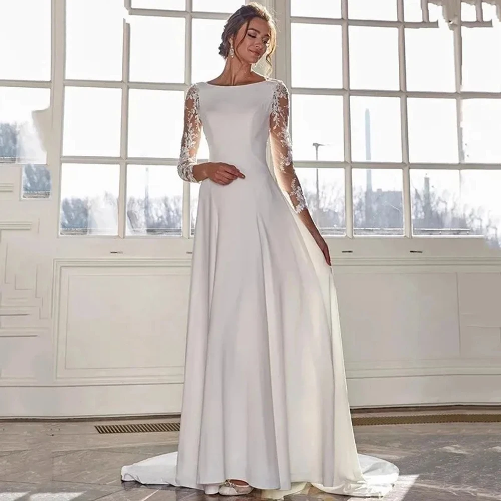 Msikoods – robe de mariée trapèze en Satin, style Boho, manches longues, avec des Appliques en dentelle, transparente, boutons, Sexy, pour femmes