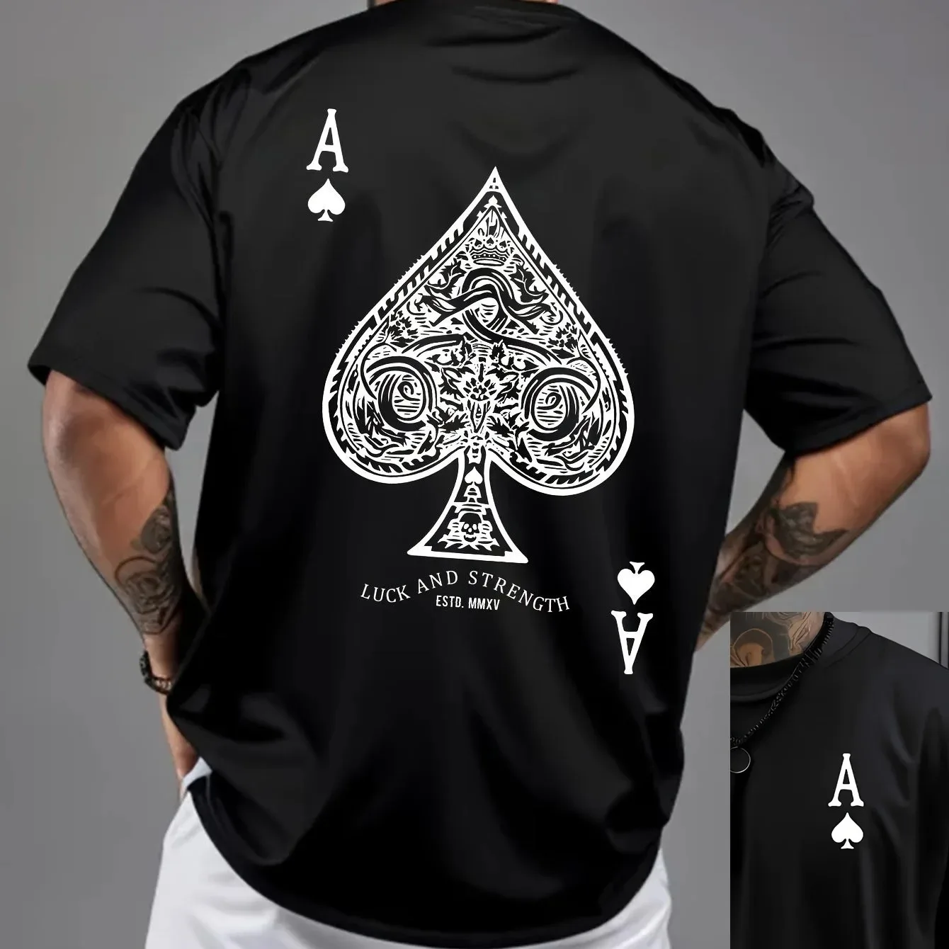 2026 Summer Hot Sale Men's Ace Spades Poker T-Shirt Luck Strength Print Oversized White Streetwear Casual Tee Tops High-quality