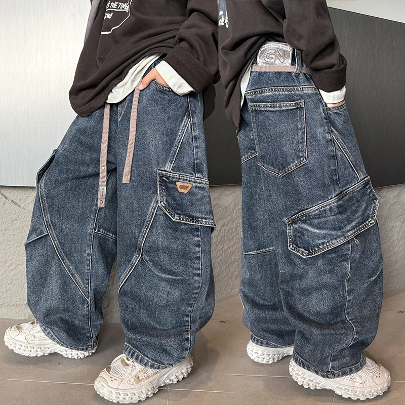 

Boy Jeans Ages 6-14Y Child Cargo Pants Tween Boy Denim Student Spring Autumn LongTrousers Toddler Straight Vintage Fashion Jeans