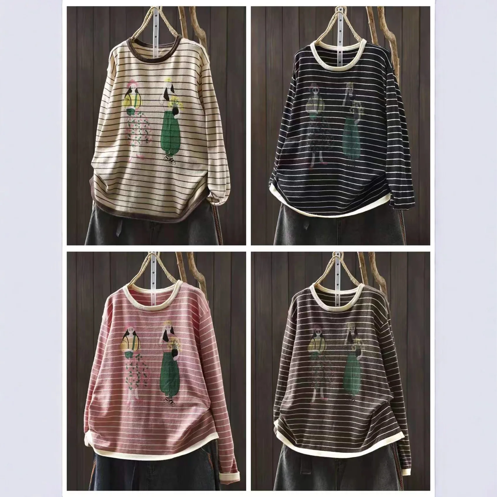 المرأة القطن متماسكة البلوز بأكمام طويلة مخطط الكرتون نمط فضفاض مريح اللون سترة ملابس كاجوال الإناث #4