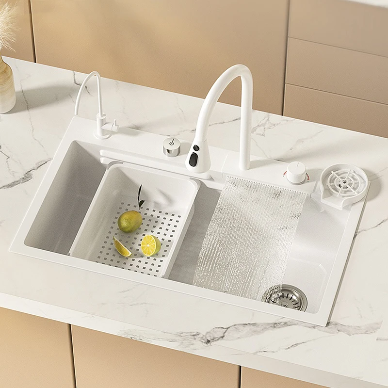 Imagem -03 - White Waterfall Kitchen Sink Flying Rain Water Outlet Grande Slot Único Handmade Nano 304 Aço Inoxidável Lavatório Vegetal