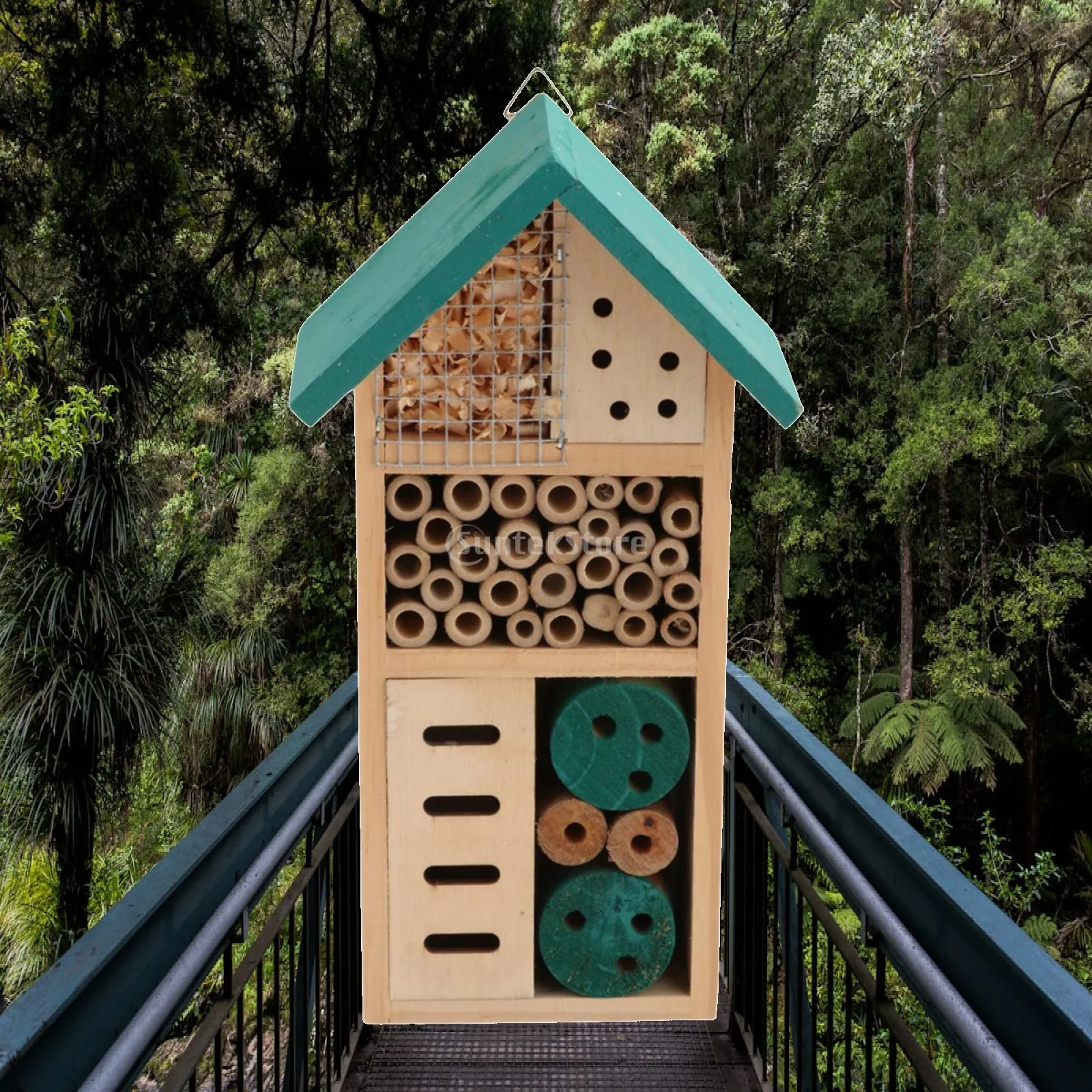 Garden Wooden Bee House Shelter Box Pollinator Habitat Entry for Bees House Backyard Outdoors
