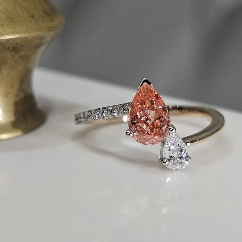 2CT Pear Cut Pink & 1Ct Pear Cut Lab Grown Diamond Ring 14k Two Tone Gold Elegant Design Double Diamond Engagement Ring IGI