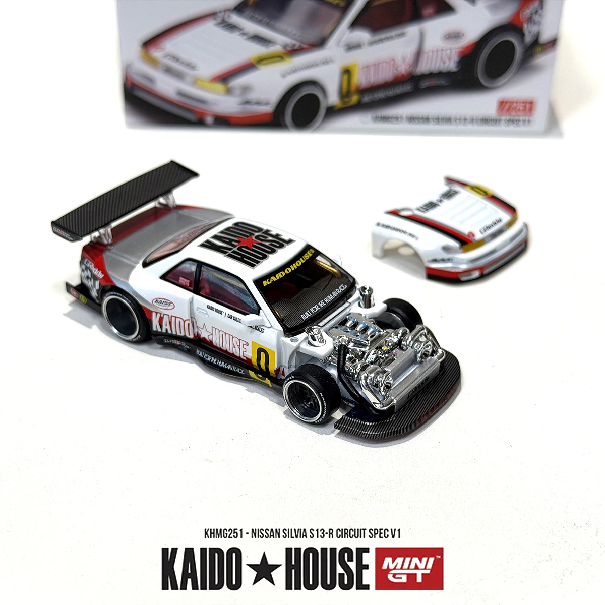 Kaido House 1:64 Nissan Silvia S13-R Circuit Spec V1 Race Livery Open Hood JDM Track Diecast Model Car In Stock KHMG251