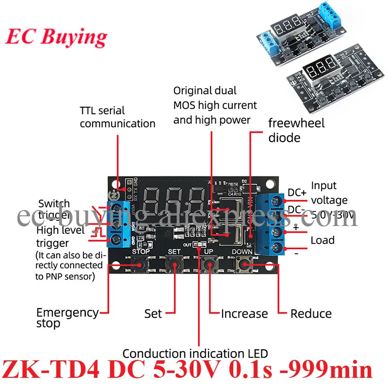 ZK-TD4 DC 5V-30V MOS Trigger Cycle Timer Delay Board Module Turn On/Off Relay Module with LED Digital Tube Display 0.1~999 min