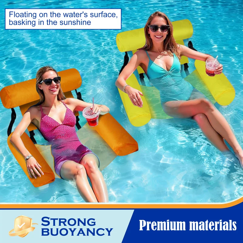 2pc Inflatable Water Lounger With Net Hammock, Foldable Floating Dual-Use Backrest Float Floating Bed Sofa
