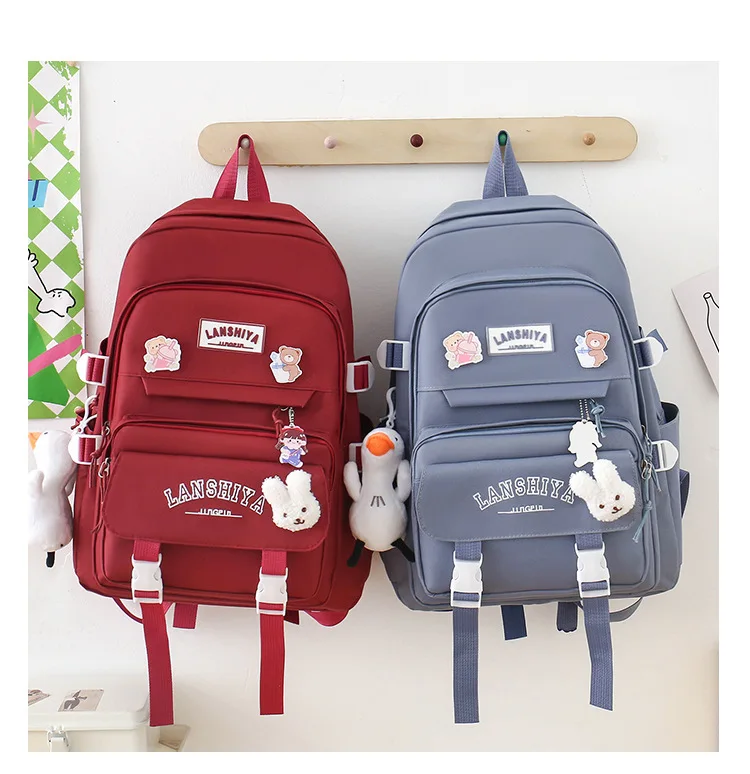 5-teiliges Set mit kostenlosen Anhängern im Waldstil, koreanische Version, lässiger Harajuku-Studentenrucksack für Mädchen mit großer Kapazität – Detail 17
