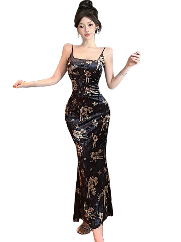 الربيع الصيف الأسود الأزهار الساتان الفاخرة حبال فستان طويل المرأة الكورية خمر هيبورن حفلة موسيقية الملابس 2025 أنيقة Bodycon Vestidos #6