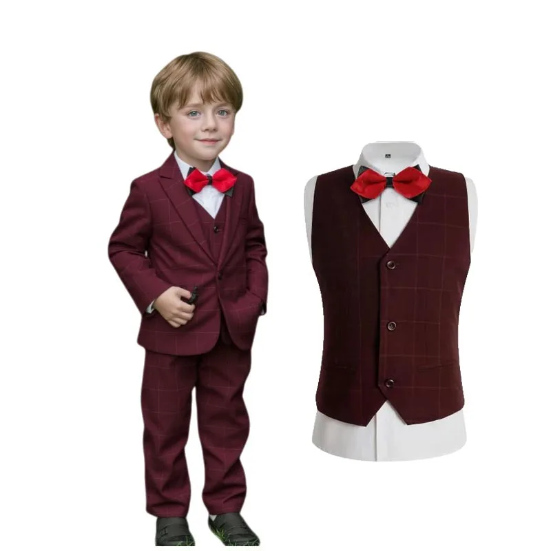 Children Spring Wine Red 4Pieces/Set Jacket Vest Pants Bowtie Wedding Suit Boys Host Performance Costume Kids Birthday Outfit