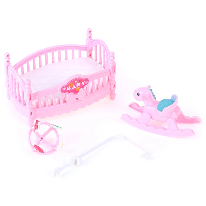 Accesorios de muñeca de princesa de moda rosa para niños, muñeca de plástico, cama de cuna en miniatura y caballo de madera, regalo para niñas, más