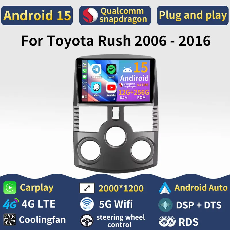 Android 15 Carplay For Toyota Rush J200 1 2006 - 2016 RHD Navigation Auto Car Radio 360 Camera Stereo BT 5G WIFI Video Audio GPS